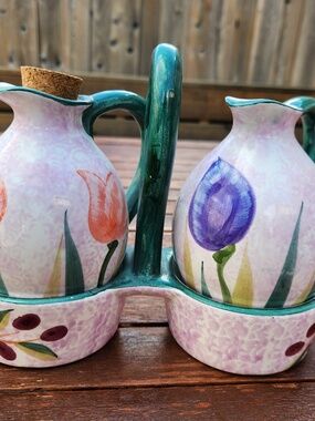 Floral Purple Ceramic Oil & Vinegar Salad Dressing Serving Set